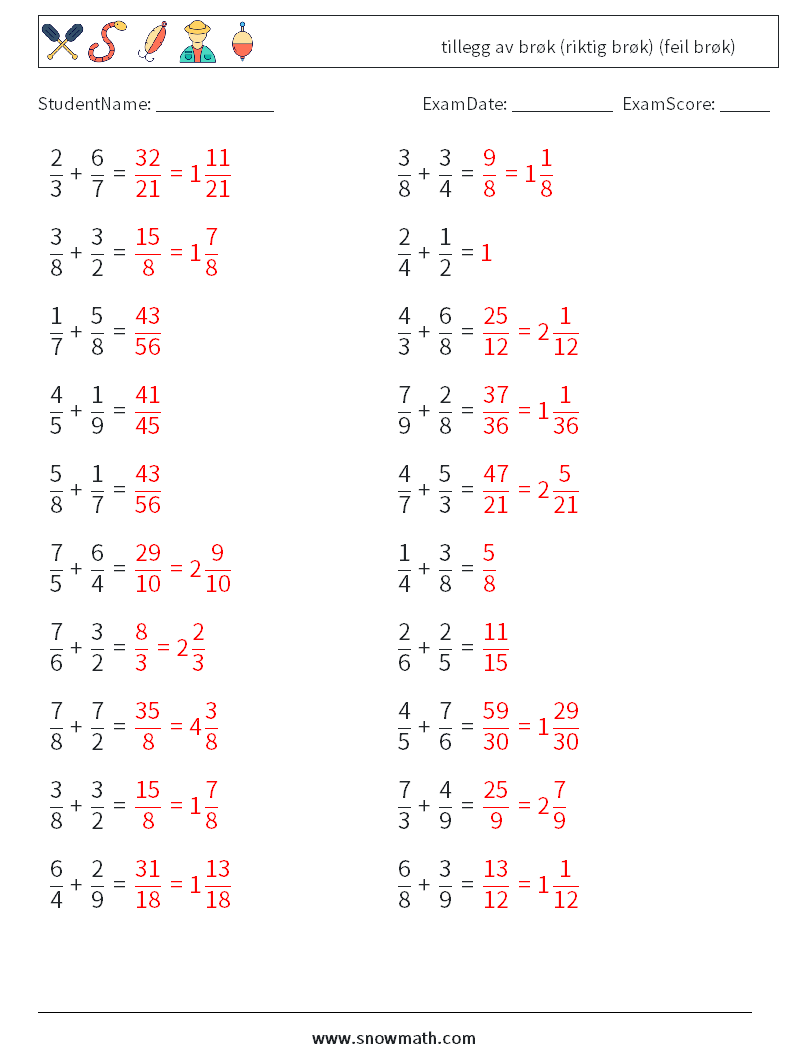 (20) tillegg av brøk (riktig brøk) (feil brøk) MathWorksheets 15 QuestionAnswer