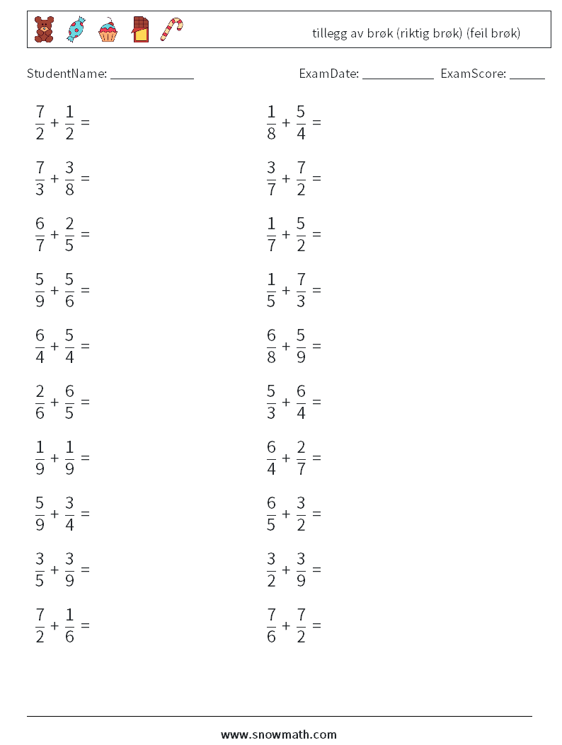 (20) tillegg av brøk (riktig brøk) (feil brøk) MathWorksheets 16