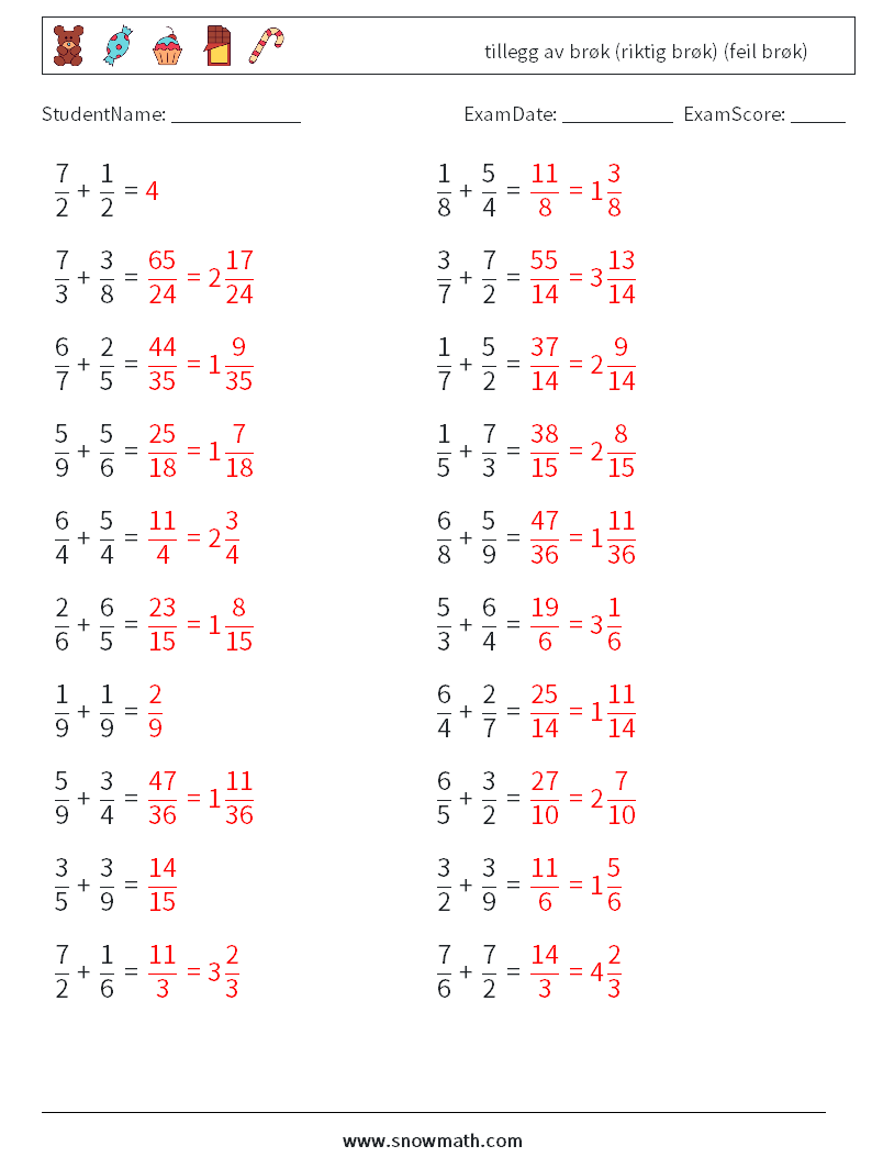 (20) tillegg av brøk (riktig brøk) (feil brøk) MathWorksheets 16 QuestionAnswer