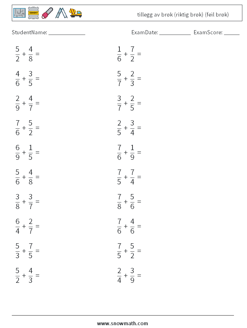 (20) tillegg av brøk (riktig brøk) (feil brøk) MathWorksheets 17