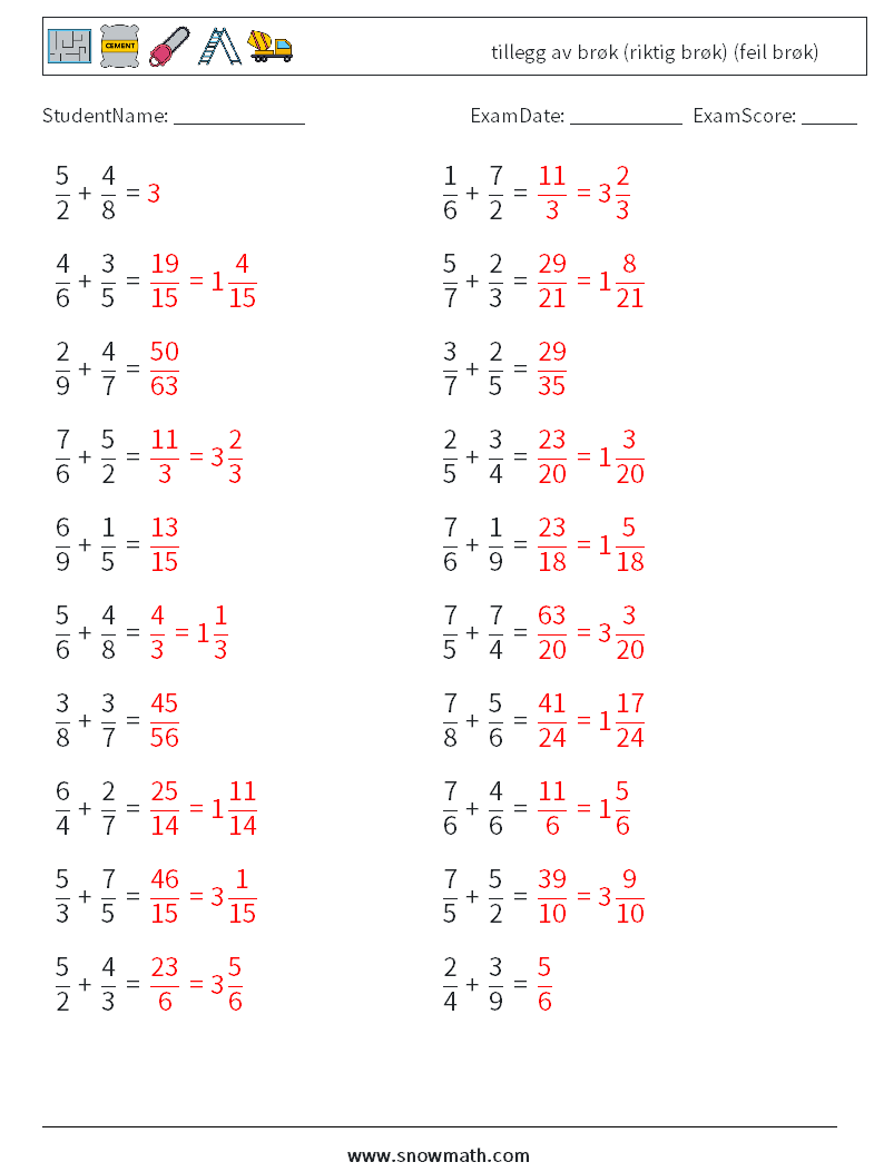 (20) tillegg av brøk (riktig brøk) (feil brøk) MathWorksheets 17 QuestionAnswer