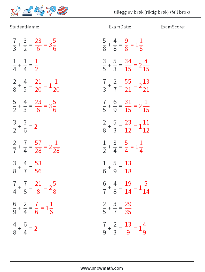 (20) tillegg av brøk (riktig brøk) (feil brøk) MathWorksheets 18 QuestionAnswer