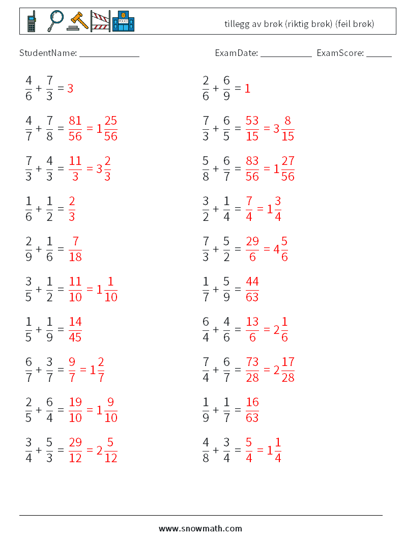 (20) tillegg av brøk (riktig brøk) (feil brøk) MathWorksheets 1 QuestionAnswer