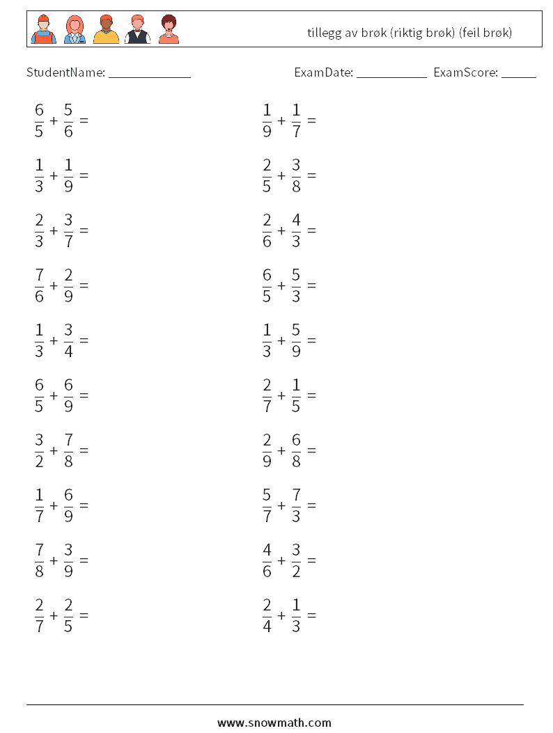 (20) tillegg av brøk (riktig brøk) (feil brøk) MathWorksheets 2