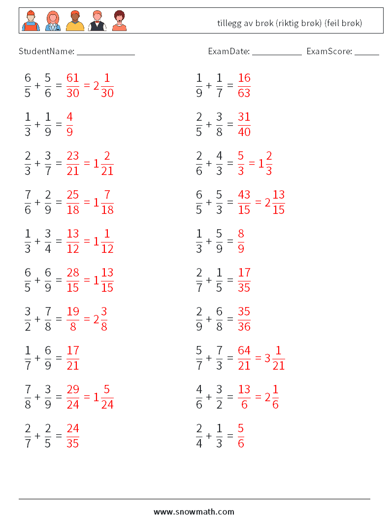 (20) tillegg av brøk (riktig brøk) (feil brøk) MathWorksheets 2 QuestionAnswer