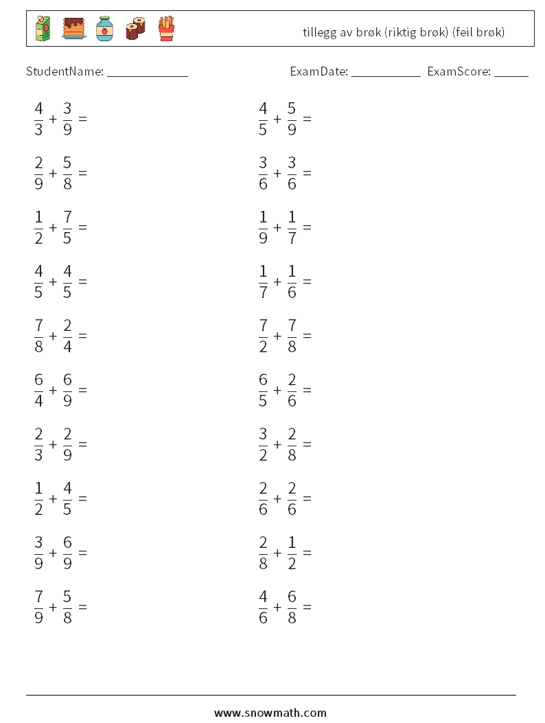 (20) tillegg av brøk (riktig brøk) (feil brøk) MathWorksheets 3