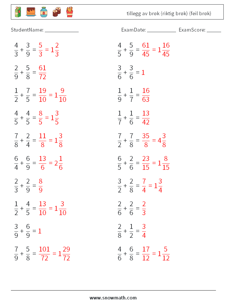 (20) tillegg av brøk (riktig brøk) (feil brøk) MathWorksheets 3 QuestionAnswer