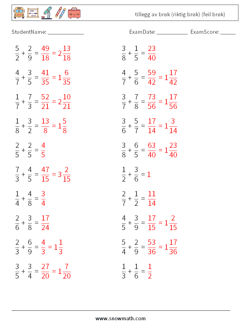 (20) tillegg av brøk (riktig brøk) (feil brøk) MathWorksheets 4 QuestionAnswer