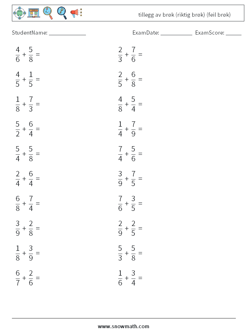(20) tillegg av brøk (riktig brøk) (feil brøk) MathWorksheets 5