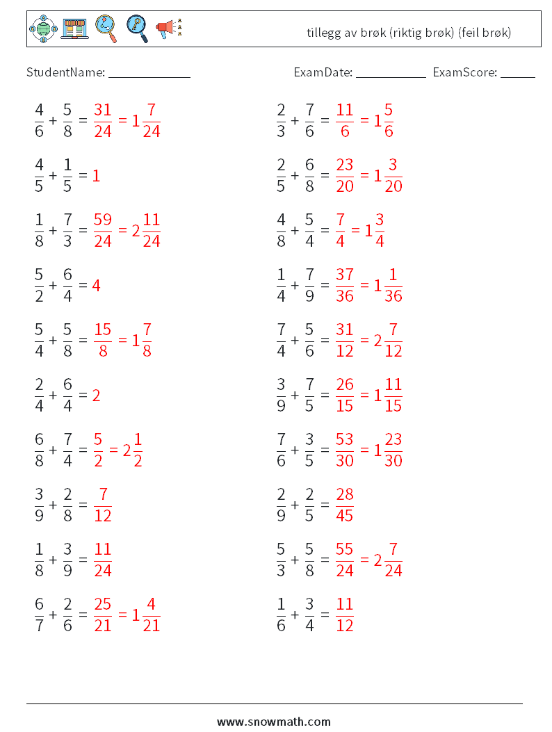 (20) tillegg av brøk (riktig brøk) (feil brøk) MathWorksheets 5 QuestionAnswer