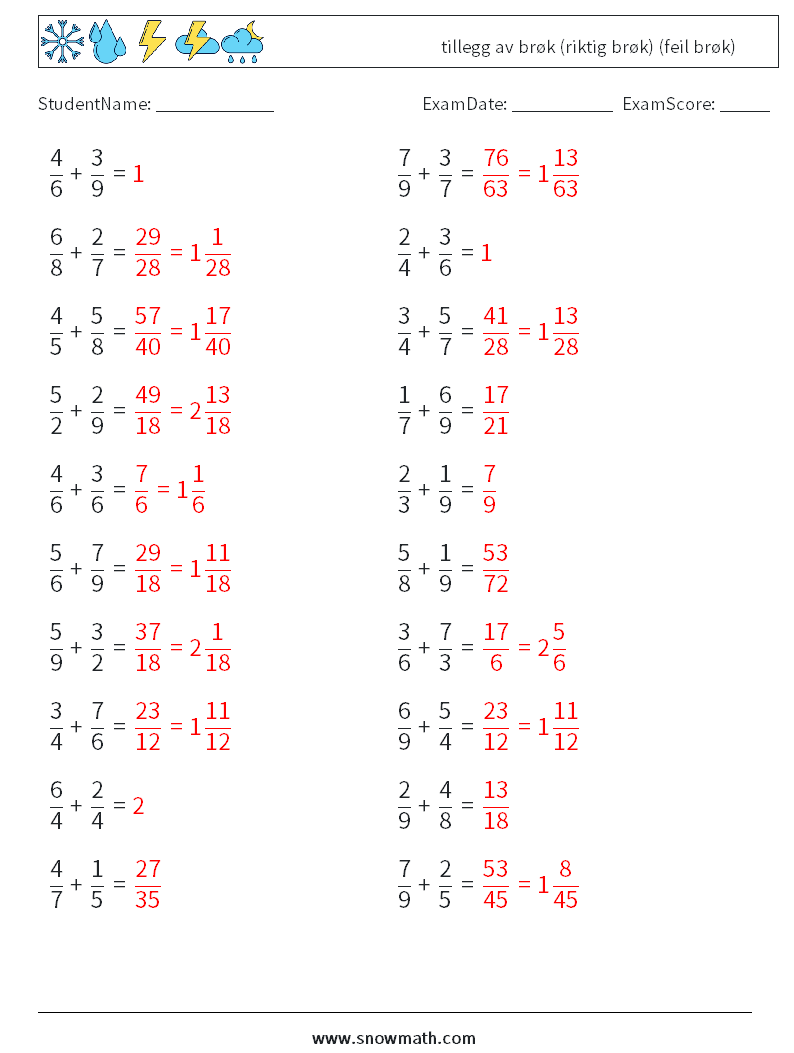 (20) tillegg av brøk (riktig brøk) (feil brøk) MathWorksheets 6 QuestionAnswer