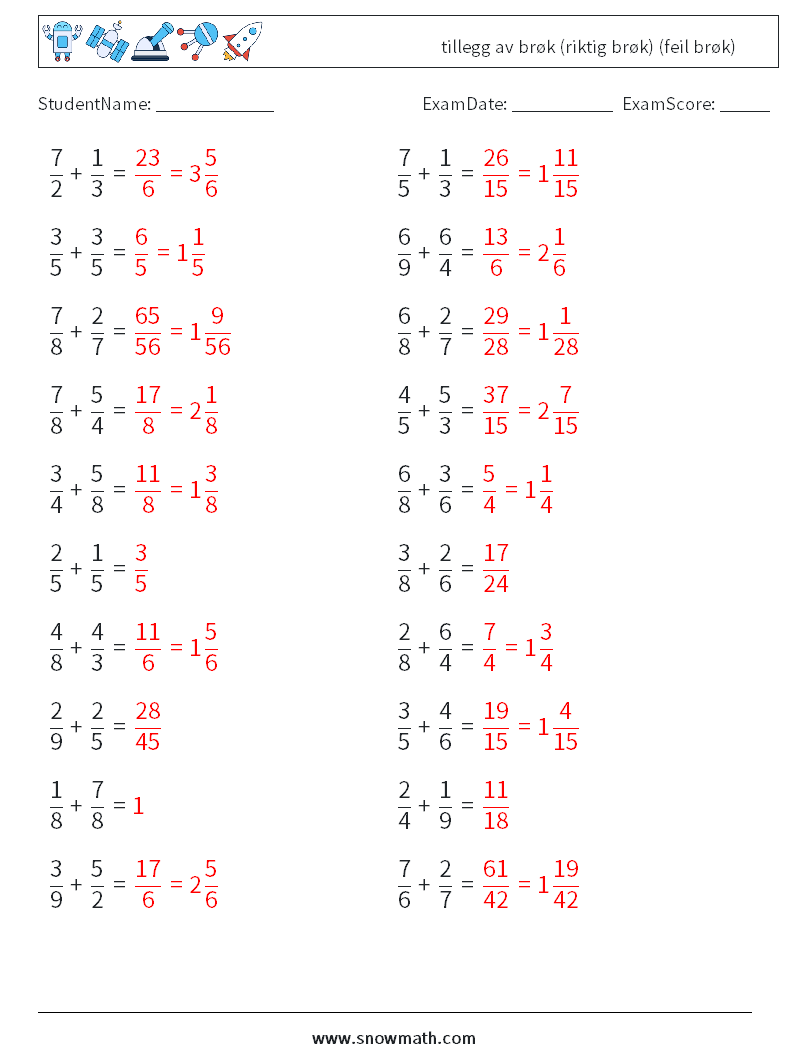 (20) tillegg av brøk (riktig brøk) (feil brøk) MathWorksheets 7 QuestionAnswer
