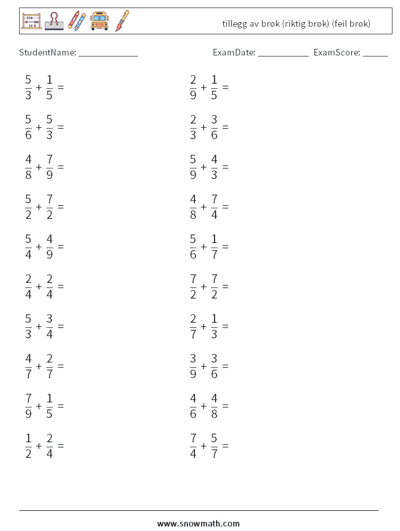 (20) tillegg av brøk (riktig brøk) (feil brøk) MathWorksheets 8