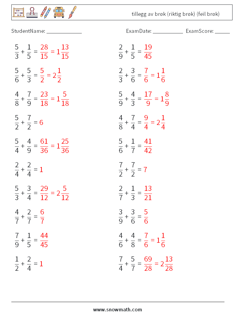 (20) tillegg av brøk (riktig brøk) (feil brøk) MathWorksheets 8 QuestionAnswer
