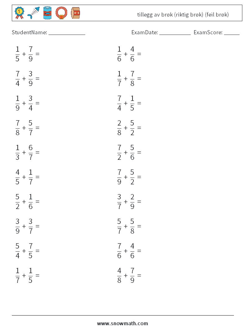 (20) tillegg av brøk (riktig brøk) (feil brøk) MathWorksheets 9