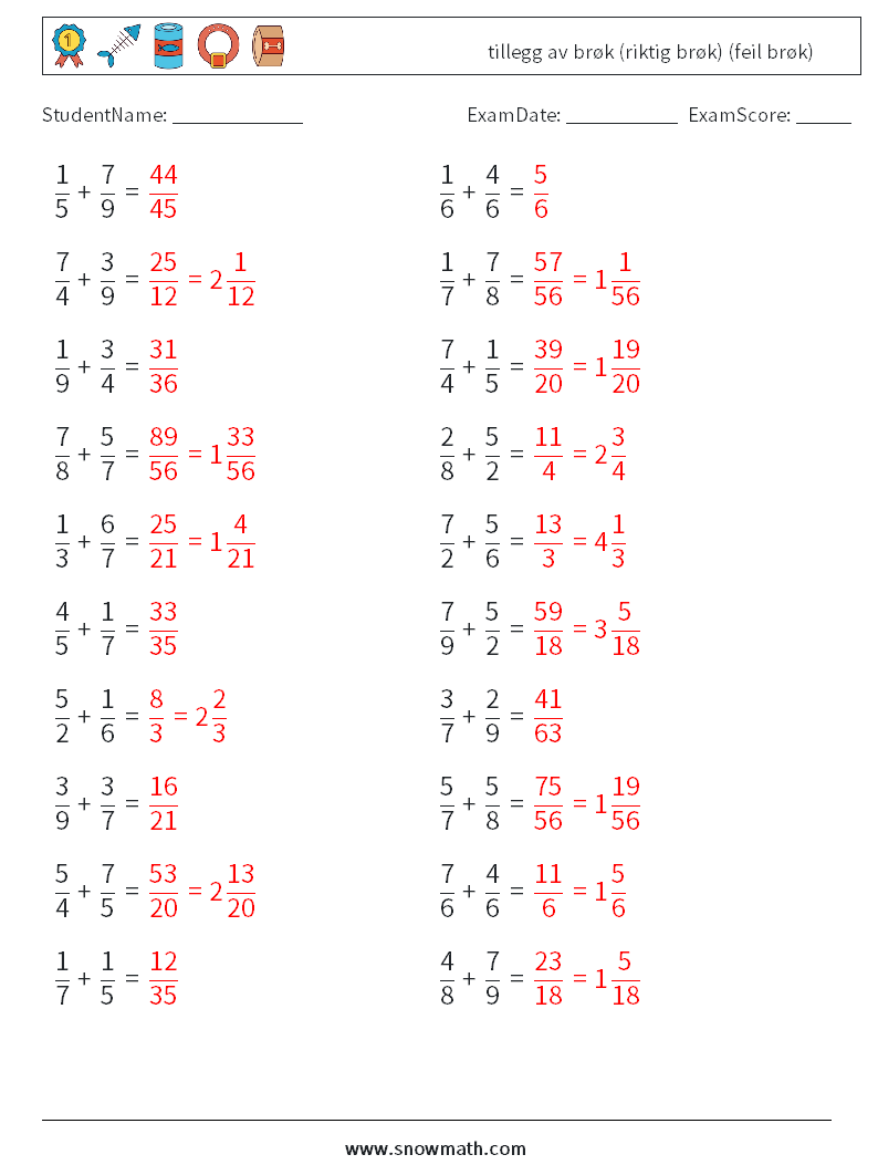 (20) tillegg av brøk (riktig brøk) (feil brøk) MathWorksheets 9 QuestionAnswer