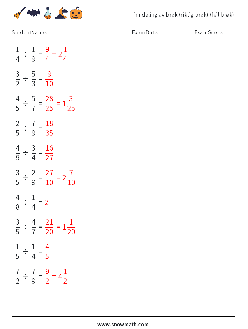 (10) inndeling av brøk (riktig brøk) (feil brøk) MathWorksheets 12 QuestionAnswer