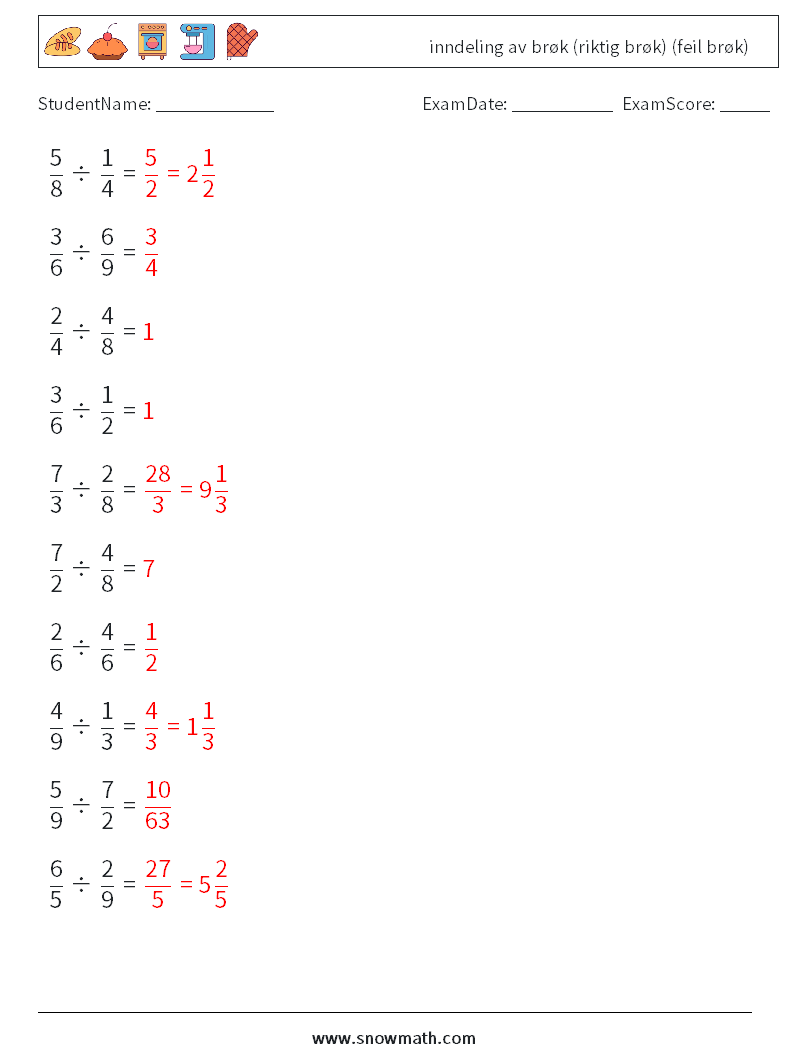 (10) inndeling av brøk (riktig brøk) (feil brøk) MathWorksheets 14 QuestionAnswer