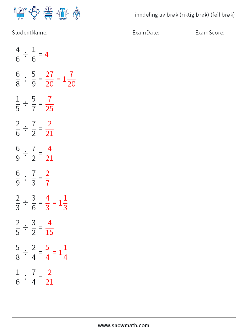 (10) inndeling av brøk (riktig brøk) (feil brøk) MathWorksheets 15 QuestionAnswer