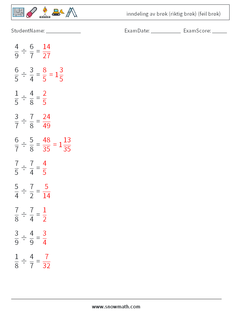 (10) inndeling av brøk (riktig brøk) (feil brøk) MathWorksheets 18 QuestionAnswer