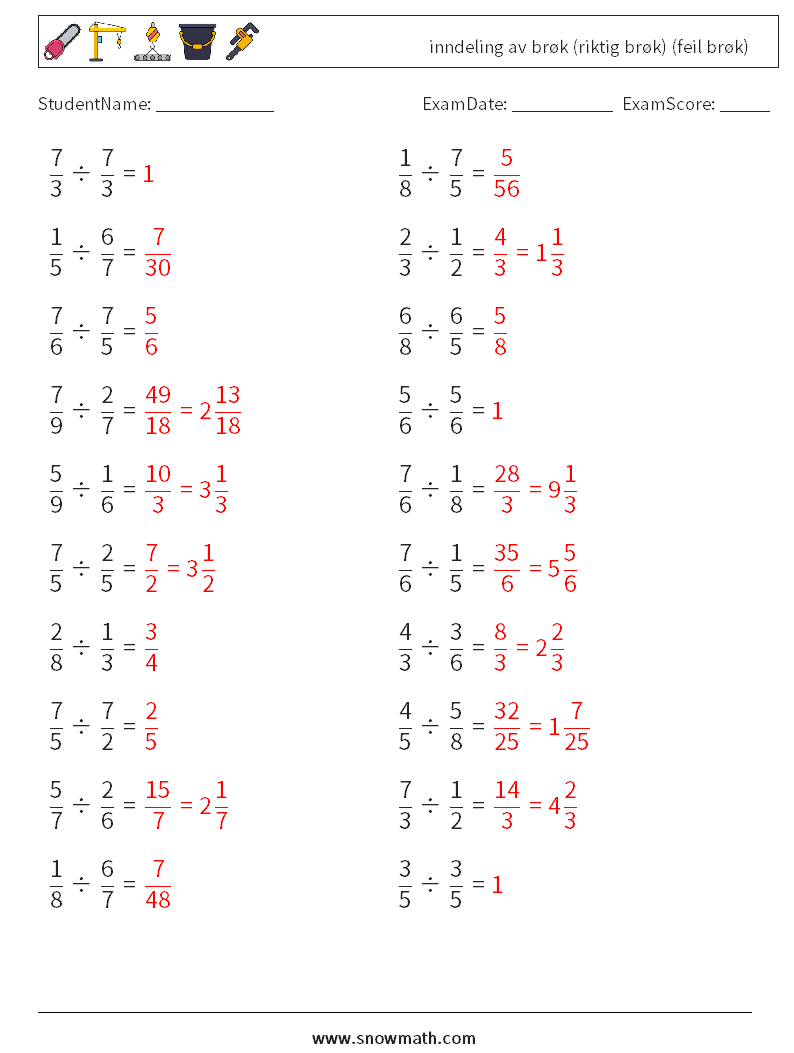 (20) inndeling av brøk (riktig brøk) (feil brøk) MathWorksheets 10 QuestionAnswer