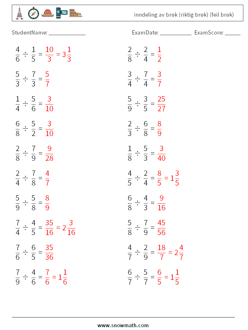 (20) inndeling av brøk (riktig brøk) (feil brøk) MathWorksheets 11 QuestionAnswer