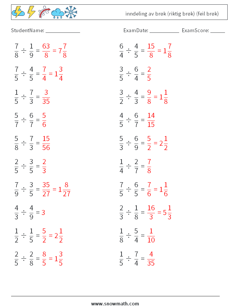 (20) inndeling av brøk (riktig brøk) (feil brøk) MathWorksheets 12 QuestionAnswer