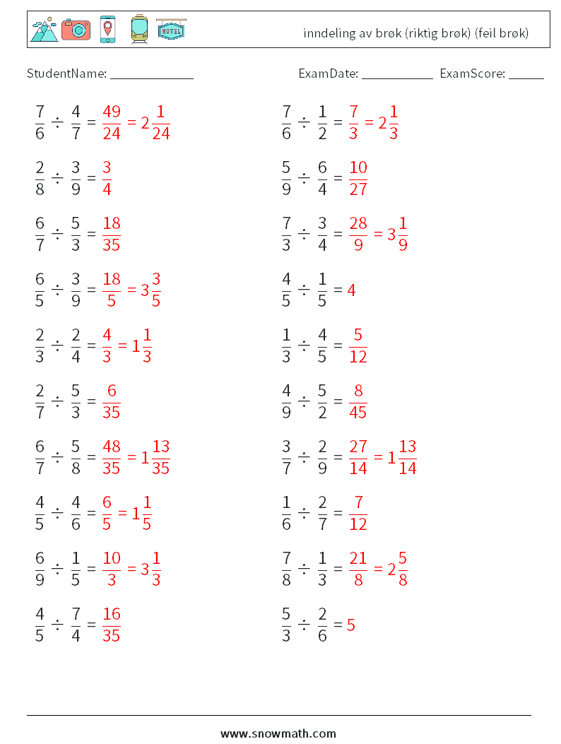 (20) inndeling av brøk (riktig brøk) (feil brøk) MathWorksheets 13 QuestionAnswer