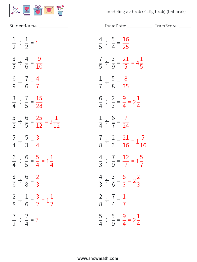 (20) inndeling av brøk (riktig brøk) (feil brøk) MathWorksheets 14 QuestionAnswer