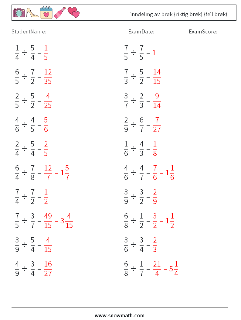 (20) inndeling av brøk (riktig brøk) (feil brøk) MathWorksheets 15 QuestionAnswer