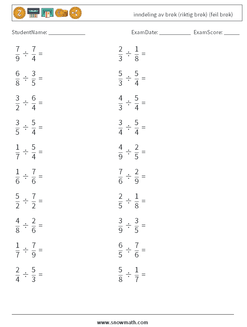 (20) inndeling av brøk (riktig brøk) (feil brøk) MathWorksheets 16