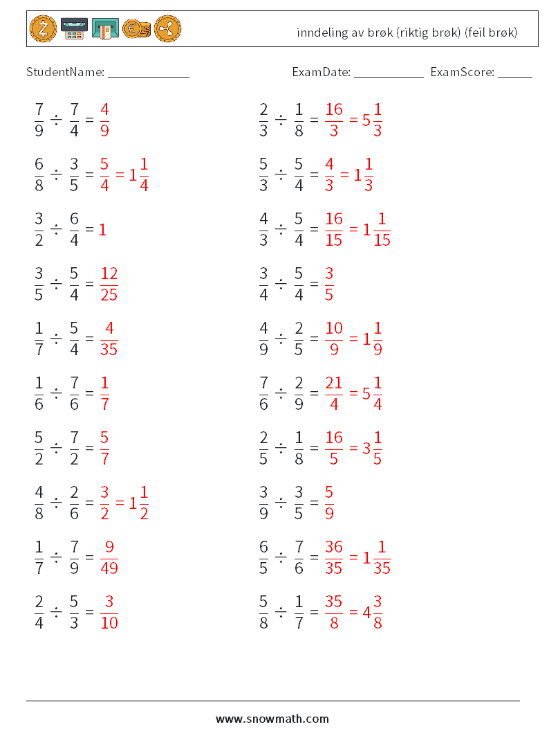 (20) inndeling av brøk (riktig brøk) (feil brøk) MathWorksheets 16 QuestionAnswer