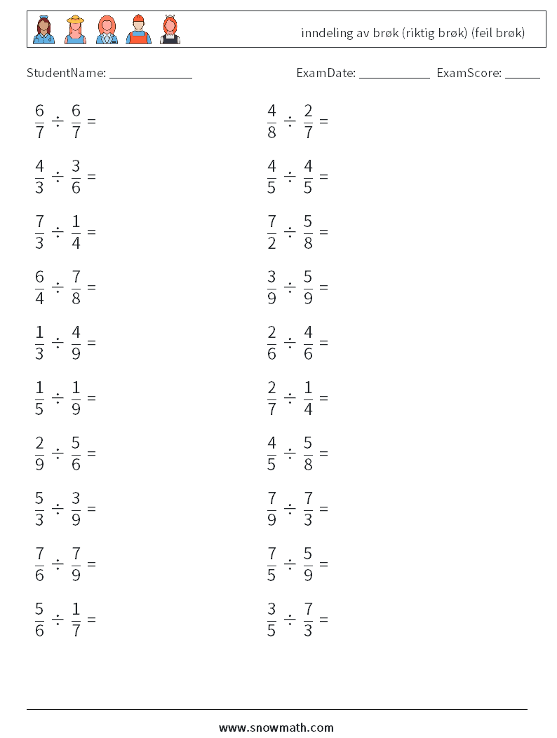 (20) inndeling av brøk (riktig brøk) (feil brøk) MathWorksheets 17