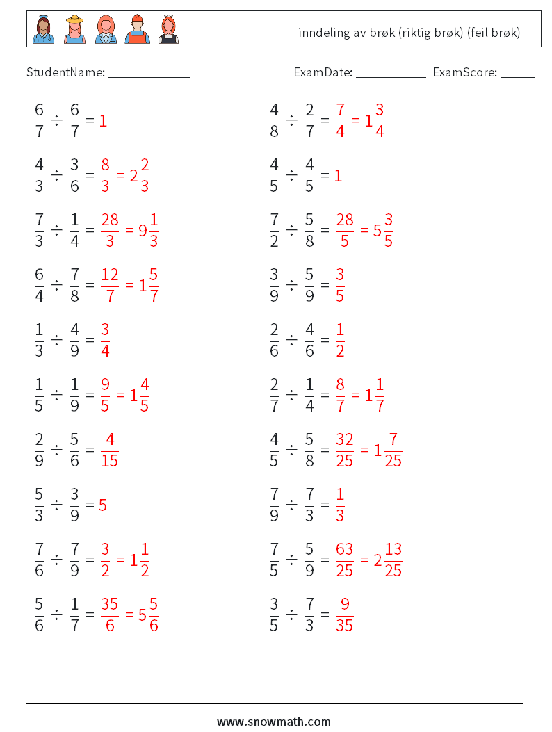 (20) inndeling av brøk (riktig brøk) (feil brøk) MathWorksheets 17 QuestionAnswer