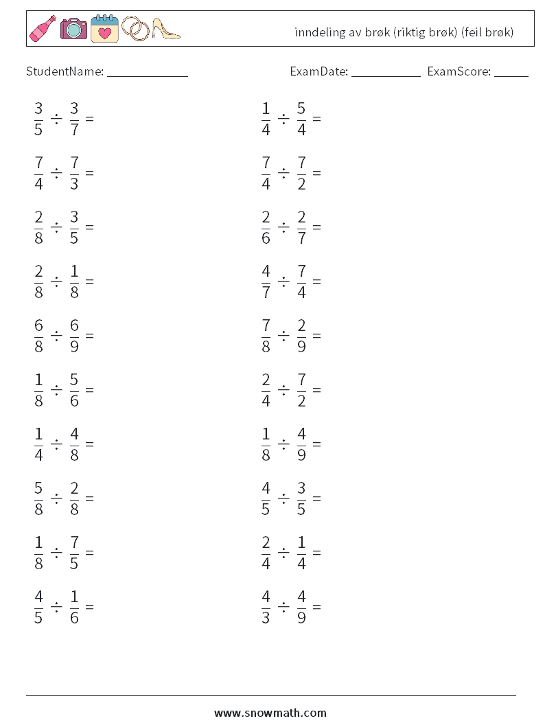 (20) inndeling av brøk (riktig brøk) (feil brøk) MathWorksheets 18