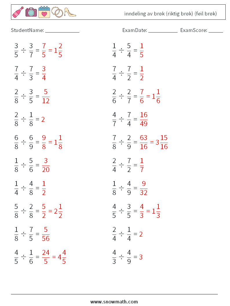 (20) inndeling av brøk (riktig brøk) (feil brøk) MathWorksheets 18 QuestionAnswer