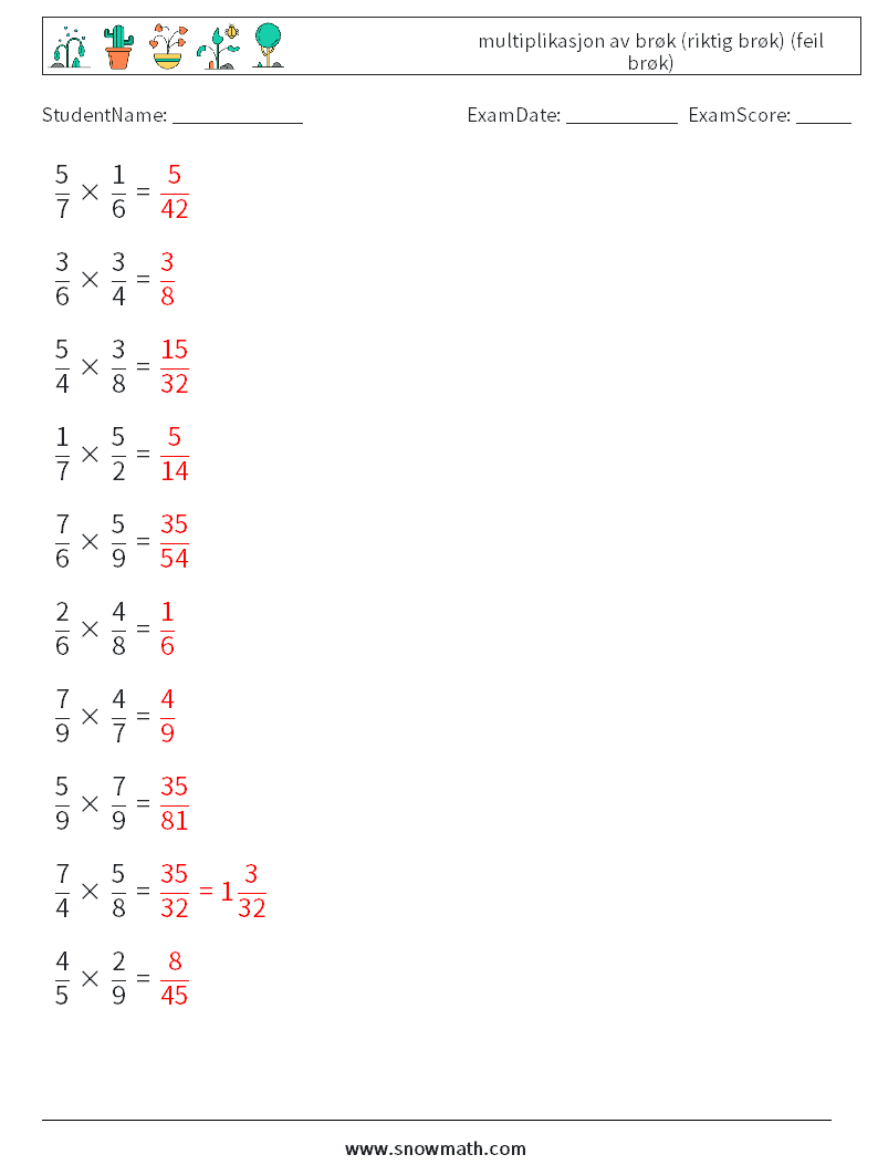 (10) multiplikasjon av brøk (riktig brøk) (feil brøk) MathWorksheets 12 QuestionAnswer