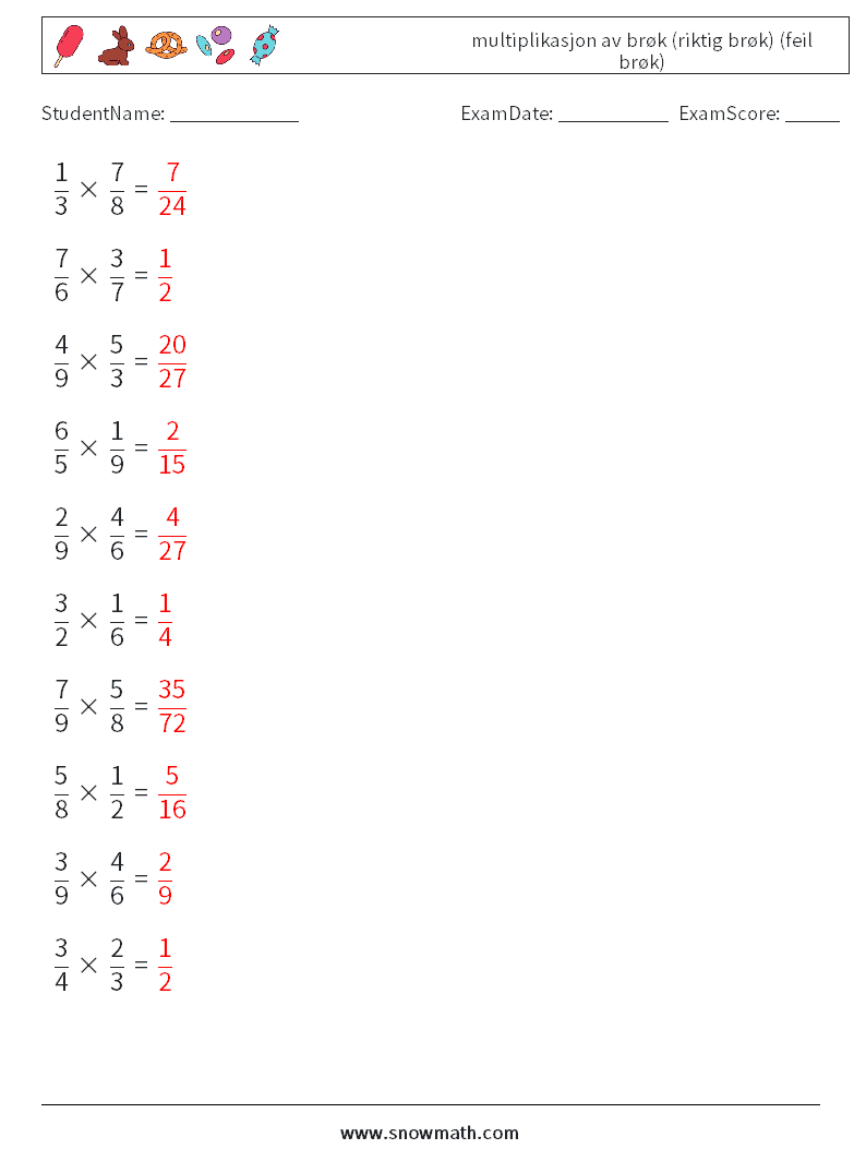 (10) multiplikasjon av brøk (riktig brøk) (feil brøk) MathWorksheets 14 QuestionAnswer