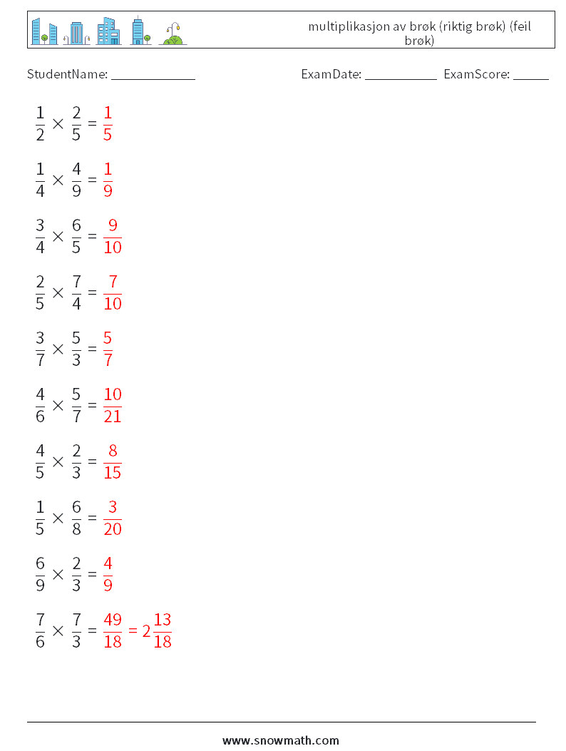 (10) multiplikasjon av brøk (riktig brøk) (feil brøk) MathWorksheets 17 QuestionAnswer