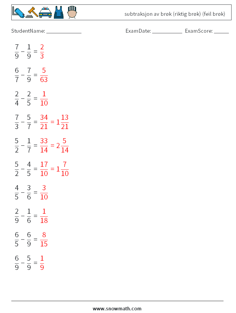 (10) subtraksjon av brøk (riktig brøk) (feil brøk) MathWorksheets 10 QuestionAnswer