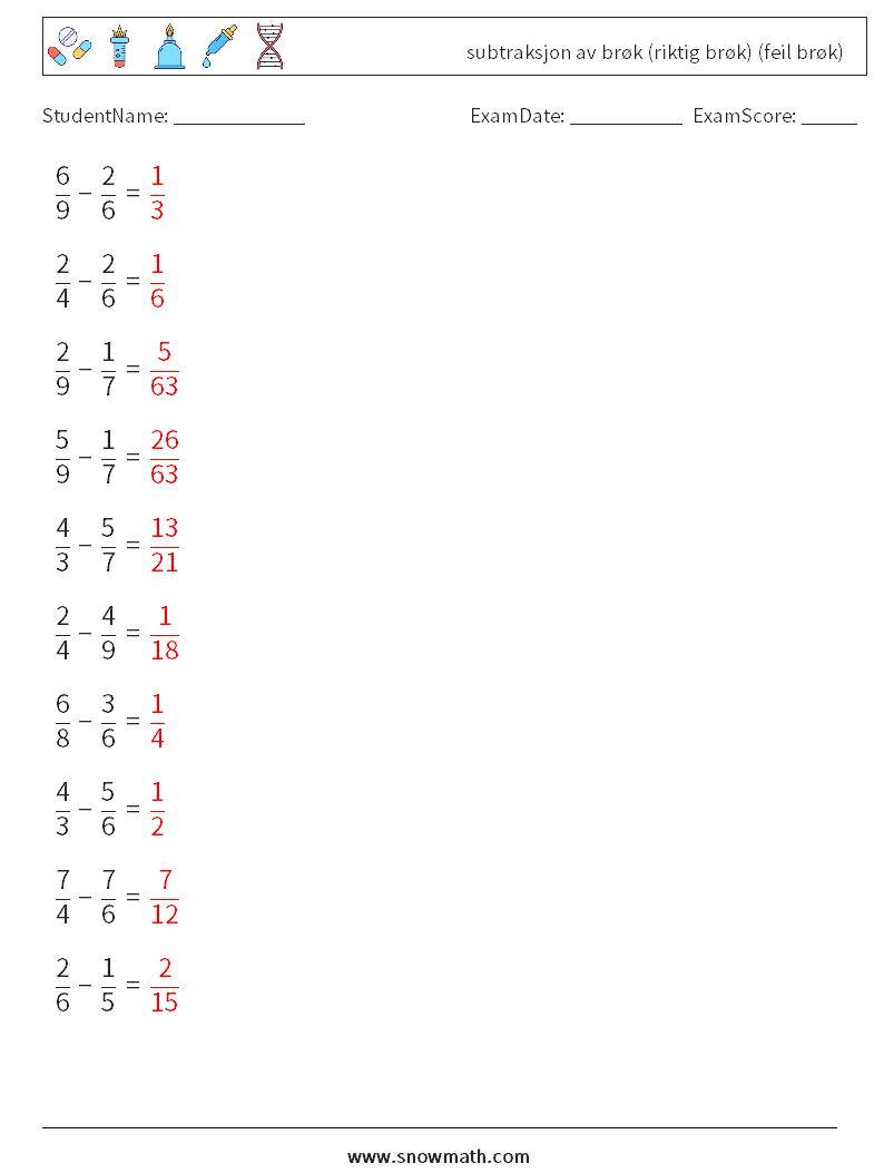 (10) subtraksjon av brøk (riktig brøk) (feil brøk) MathWorksheets 11 QuestionAnswer