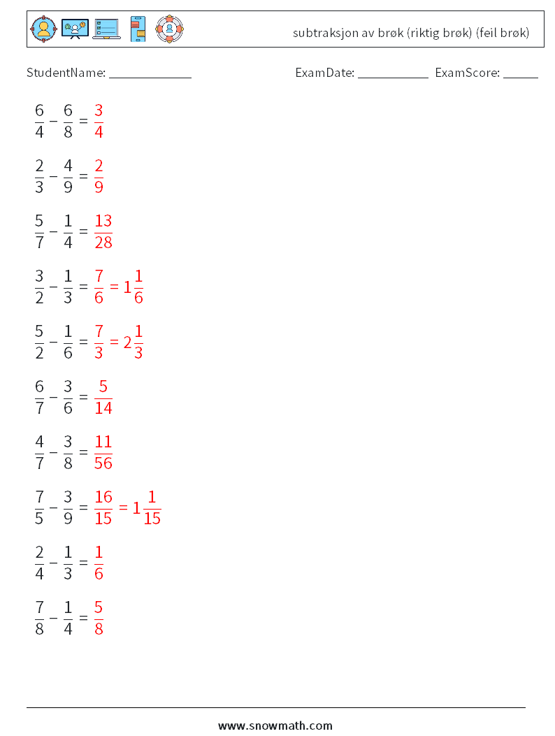 (10) subtraksjon av brøk (riktig brøk) (feil brøk) MathWorksheets 13 QuestionAnswer