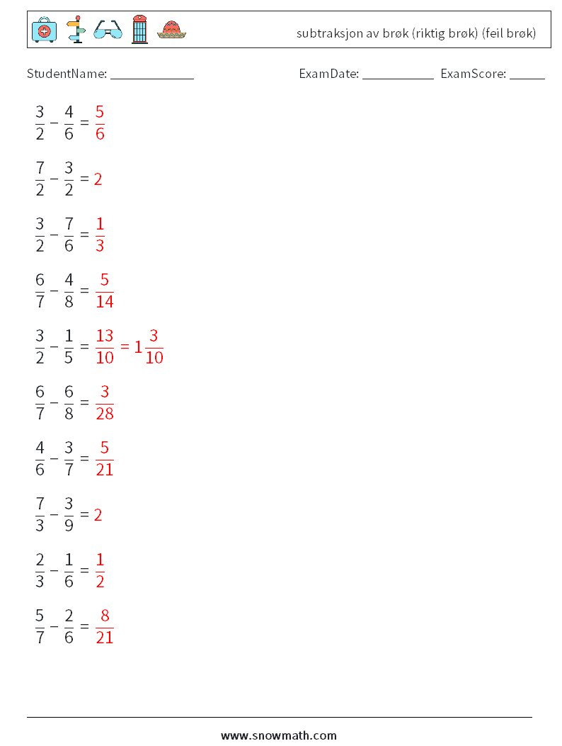 (10) subtraksjon av brøk (riktig brøk) (feil brøk) MathWorksheets 14 QuestionAnswer