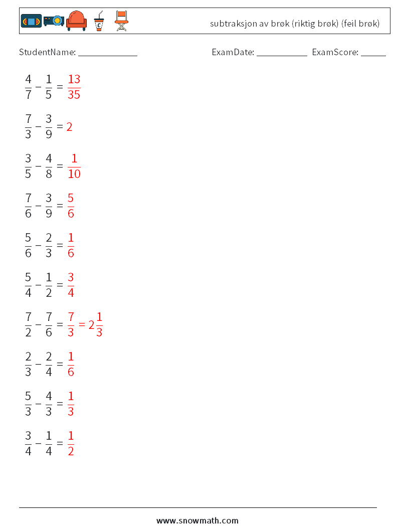 (10) subtraksjon av brøk (riktig brøk) (feil brøk) MathWorksheets 15 QuestionAnswer