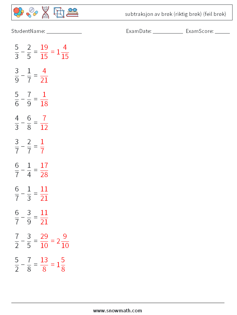 (10) subtraksjon av brøk (riktig brøk) (feil brøk) MathWorksheets 16 QuestionAnswer