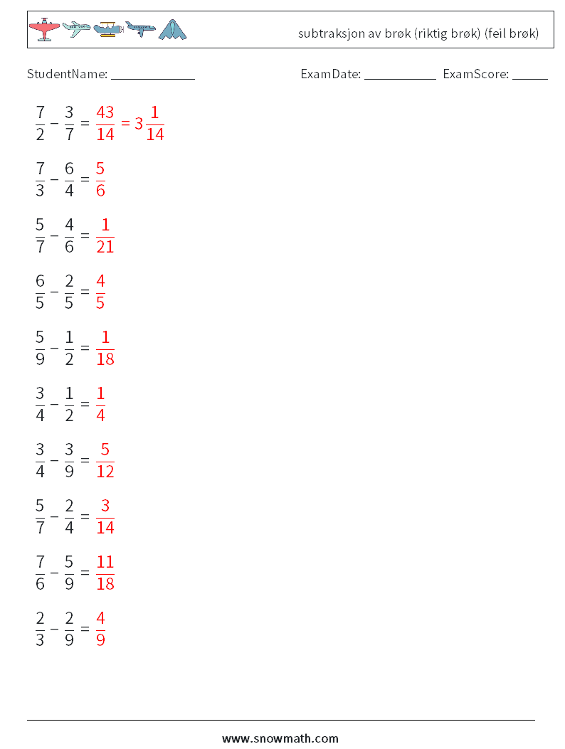 (10) subtraksjon av brøk (riktig brøk) (feil brøk) MathWorksheets 17 QuestionAnswer