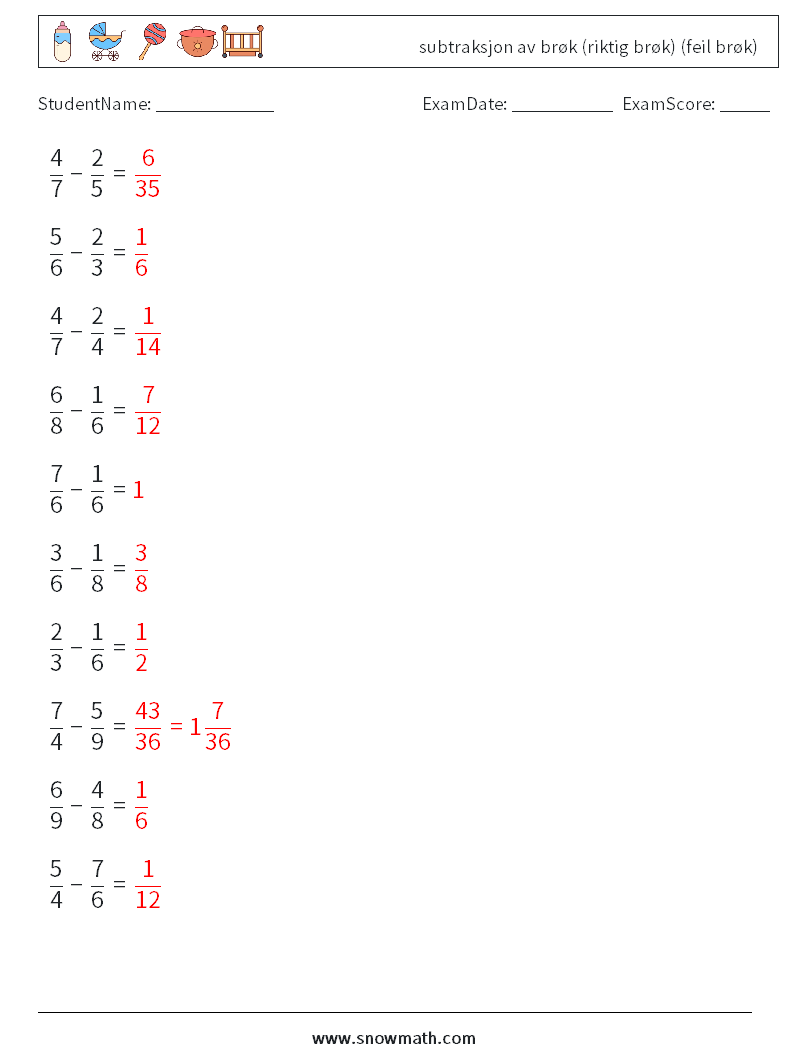 (10) subtraksjon av brøk (riktig brøk) (feil brøk) MathWorksheets 18 QuestionAnswer