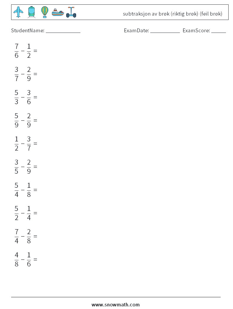 (10) subtraksjon av brøk (riktig brøk) (feil brøk) MathWorksheets 9