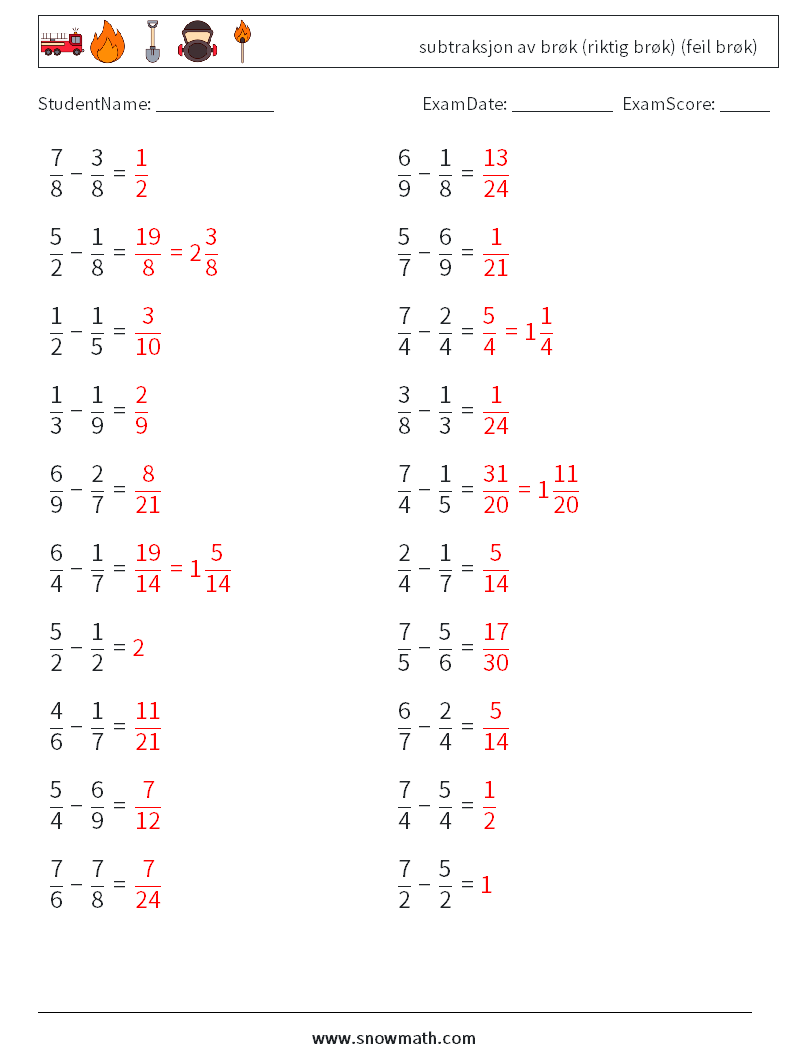 (20) subtraksjon av brøk (riktig brøk) (feil brøk) MathWorksheets 10 QuestionAnswer