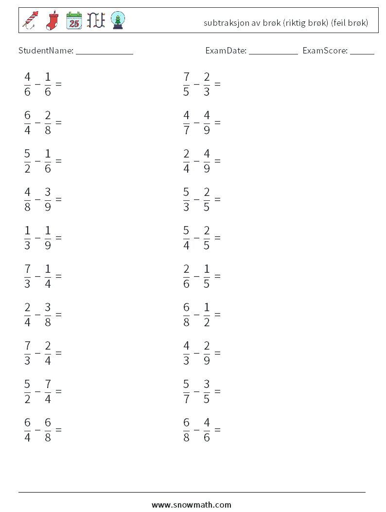 (20) subtraksjon av brøk (riktig brøk) (feil brøk) MathWorksheets 11
